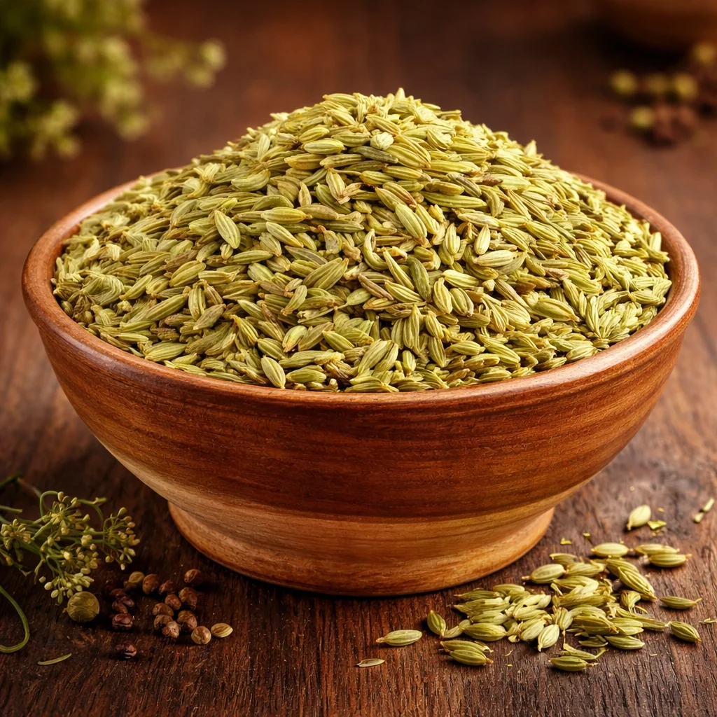 Export-quality Indian fennel seeds in a wooden bowl from GTR International